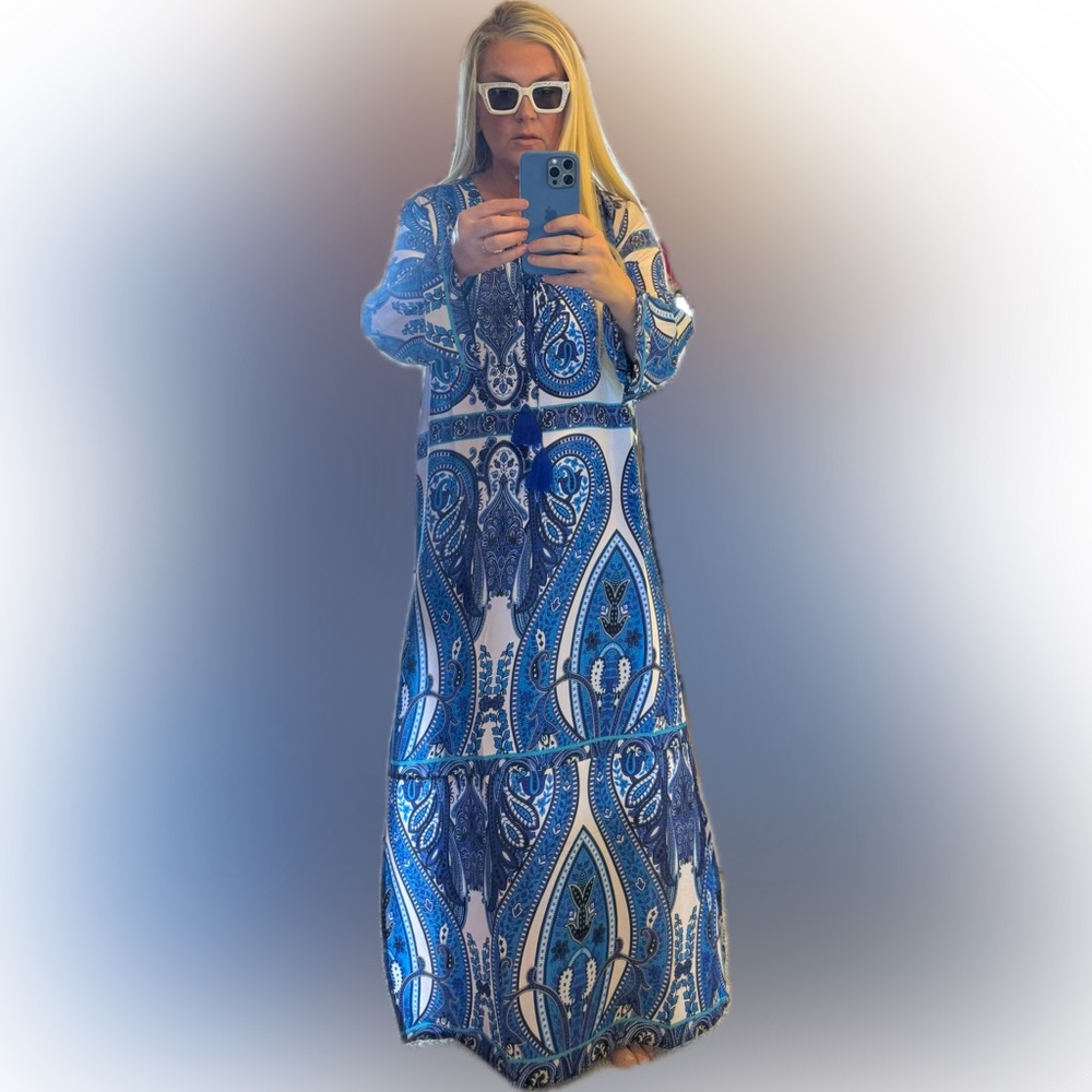 Bleu Baby Silk Maxi Dress In Mixed Media Designed In Italy - Picture 5 of 8